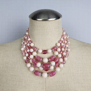 Vintage Pink & White Glass Beaded Layered Necklace